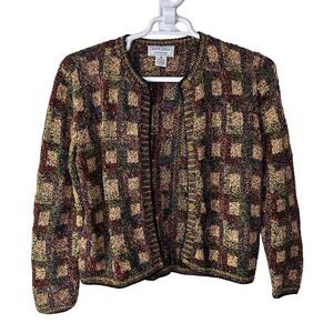 VTG South Cotton Hand Knit Cardigan Sweater Women's Small Cotton Blend Plaid Y2K